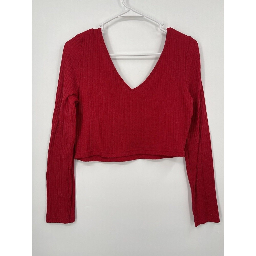 SHEIN - Ribbed Long Sleeve Crop Top V Neck Red - Size XL